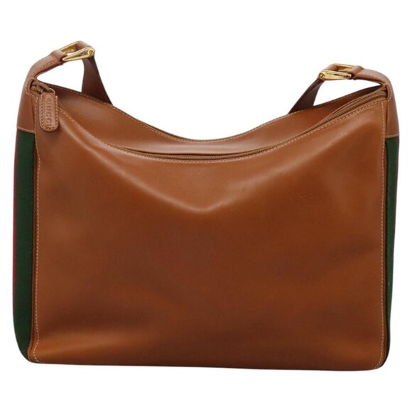 GUCCI Web Sherry Line Shoulder Bag Leather Brown Red Green Auth - Picture 2 of 15